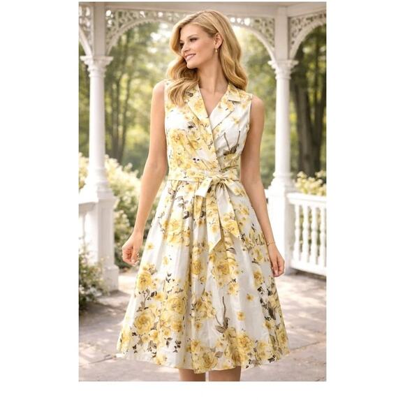 JH Collectibles Dresses & Skirts - JH Floral Yellow & White Faux Wrap Tie Dress Sz 9